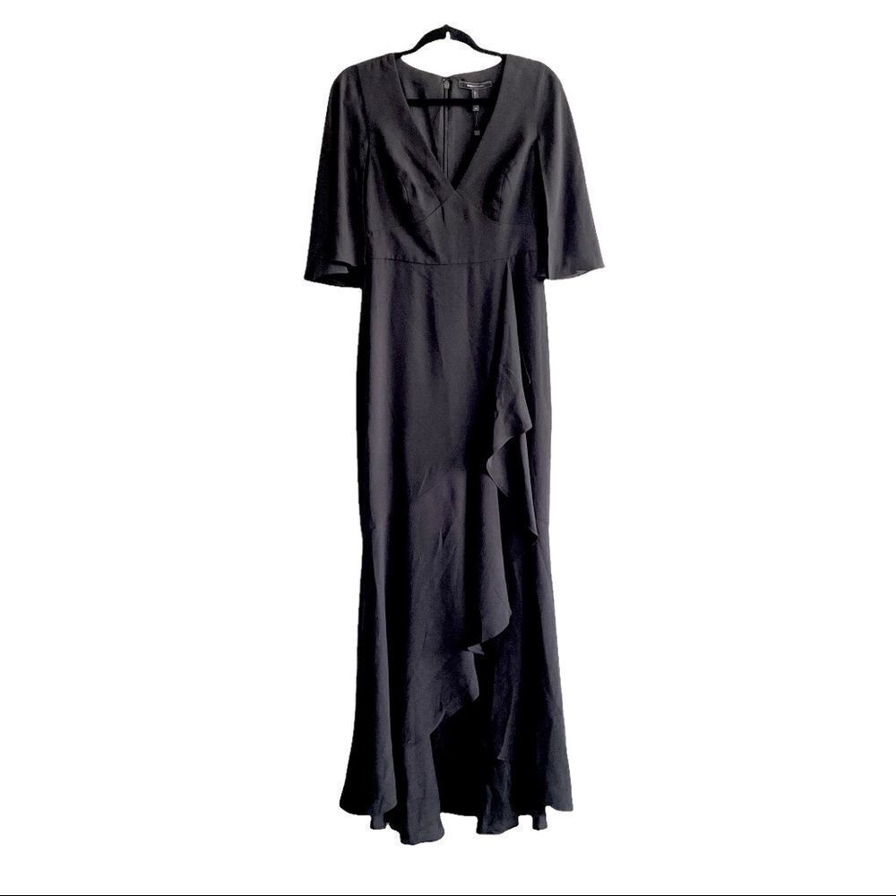 BCBGMAXAZRIA Cape Sleeve V-Neck Asymmetrical Ruffle Maxi Dress Gown Black 6